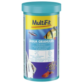 Granulés MultiFit Aqua pour poissons ornementaux, avec vitamines, alimentation à différents niveaux d’eau, images de poissons colorés.