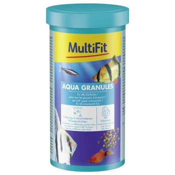 MultiFit Aqua Granules visvoer voor alle siervissen, met vitaminen, voeren op verschillende waterniveaus, afbeeldingen van kleurrijke vissen.