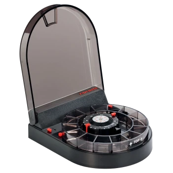 Automatischer Futterspender für Haustiere mit transparentem Deckel und drehbarem Dial, beschriftet mit "FISH MATE", entworfen für Portionskontrolle.