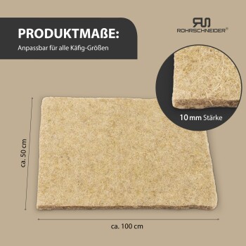 Beige Naturfaser-Käfigmatte ca. 100×50 cm, 10 mm stark; deutscher Text „PRODUKTMAßE: Anpassbar für alle Käfig-Größen“ und „10 mm Stärke“