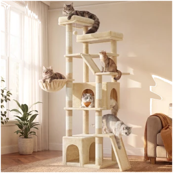 Beiger hoher Kratzbaum in einem sonnenbeschienenen Raum mit mehreren Katzen auf Plattformen, Hängematte und Höhle, eine mit Herzanhänger