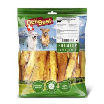 DeliBest Gourmet-Hundeleckerlis, 500g-Packung, mit Bullenkau-Sticks. Die Etiketten weisen auf glutenfreie und 100% natürliche Zutaten hin.