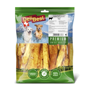 DeliBest Gourmet-Hundeleckerlis, 500g-Packung, mit Bullenkau-Sticks. Die Etiketten weisen auf glutenfreie und 100% natürliche Zutaten hin.