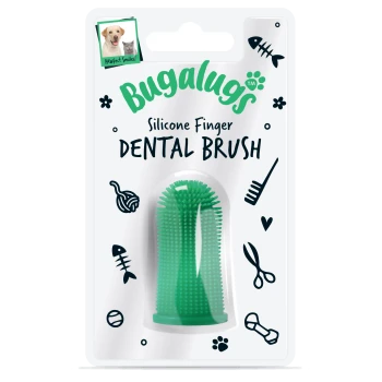 Bugalugs Silikon-Fingerzahnbürste für Haustiere in Grün, verpackt mit tierbezogenen Illustrationen und dem Text „PAWfect Smiles!“.