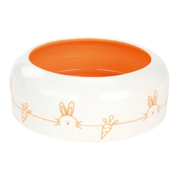 Bol pour animaux en céramique avec un intérieur orange et un extérieur blanc, présentant un design ludique de lapins et de carottes.