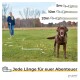 Eine Person auf Gras hält eine Leine neben einem braunen Hund. Text: "Jede Länge für euer Abenteuer" mit Leinenlängen von 5m, 10m und 20m.