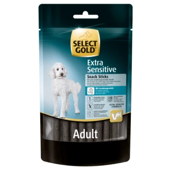 Select Gold Extra Sensitive Snack-Sticks für erwachsene Hunde, mit einem weißen Pudel auf der Verpackung, der Insektenprotein hervorhebt.