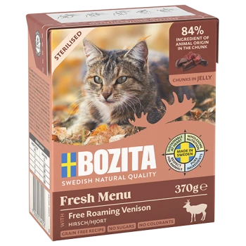 Bozita Fresh Menu Katzenfutter mit freilaufendem Wild, 84 % tierischer Ursprung, Stücke in Gelee, 370 g, hergestellt in Schweden.