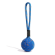 Hundepfoten halten einen blau-orangefarbenen, strukturierten Ballspielzeug mit blauem Seilgriff vor weißem Hintergrund.