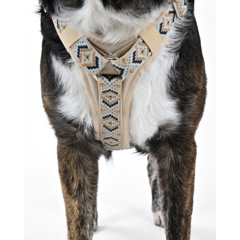 Eine Nahaufnahme eines stilvollen Hundegeschirrs mit einem gemusterten Riemen in Blau, Braun und Beige, mit einer silbernen Schnalle und dem Logo "THEDOGIDEA."