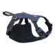 Blaue Hundegeschirr mit gepolstertem Brustschutz und verstellbaren Riemen, mit einem Logo-Patch und stabilen Schnallen.