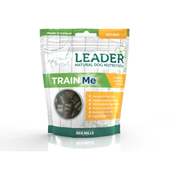 Leader Natural Dog Nutrition "Train Me" chicken-flavored treats in a clear bag, made in Ireland, vet-developed, 100% natural, 3 calories each.