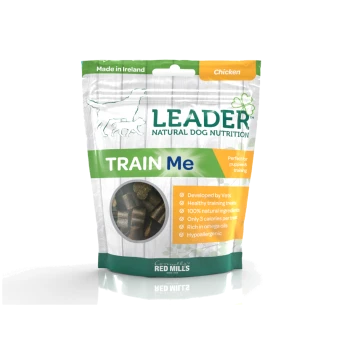 Leader Natural Dog Nutrition "Train Me" chicken-flavored treats in a clear bag, made in Ireland, vet-developed, 100% natural, 3 calories each.