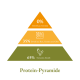 Illustration einer Proteinpyramide: 0% Getreide, 35% aus Reis, Gemüse, Obst und 65% tierisches Protein, beschriftet "Protein-Pyramide."