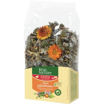 Clear bag of Real Nature dried wild herbs with orange flowers, labeled Bunte Landkräuter for rodents.