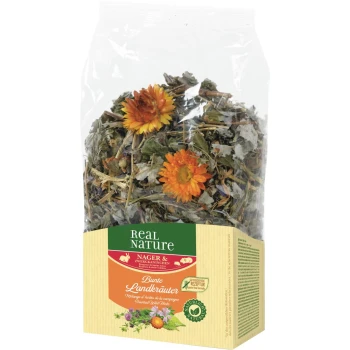 Clear bag of Real Nature dried wild herbs with orange flowers, labeled Bunte Landkräuter for rodents.