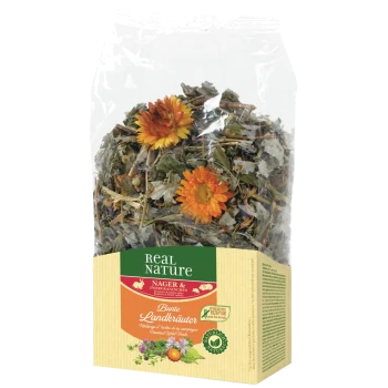 Klarer Beutel mit Real Nature getrockneten Wildkräutern mit orangefarbenen Blüten, beschriftet ‚Bunte Landkräuter‘ für Nagetiere.