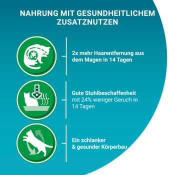 Infografik, die die Vorteile von Haustierfutter hervorhebt: 2x Haarballenreduktion in 14 Tagen, verbesserte Stuhlqualität mit 24% weniger Geruch, fördert einen gesunden Körper.