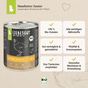Dose LIEBESGUT BIO-Huhn Nassfutter für Welpen; Etikett zeigt 'Nassfutter Junior', '100% Bio-Zutaten' und deutsche Infofelder.
