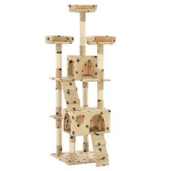 Katzenbaum mit mehreren Ebenen, Kratzpfosten und Pfotenabdruckdesign, mit einem gemütlichen Versteck und Rampen zum Klettern.