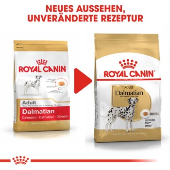 Vergleich der Verpackung von Royal Canin Dalmatian Adult Hundefutter: neues Design rechts, altes Design links, mit "NEUES AUSSEHEN."