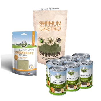 Haustierfutterprodukte: grünes "Nierenkraft Pulver" für die Nieren, "SHIIMUN GASTRO" Tasche und sechs Dosen insektbasiertes "LANDGUT-MENÜ" und "INDGUT-MENÜ."