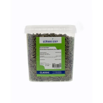 Contenant de nourriture pour lapins étiqueté 'schweizer' avec un texte vert et blanc, présentant des ingrédients comme de l'herbe, du foin et du blé.