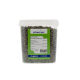 Contenant de nourriture pour lapins étiqueté 'schweizer' avec un texte vert et blanc, présentant des ingrédients comme de l'herbe, du foin et du blé.