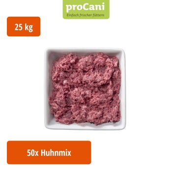 Verpacktes rohes Haustierfutter mit der Bezeichnung "proCani Huhn Carnivor", das Huhn enthält, mit einem Hinweis auf "50x" Portionen.