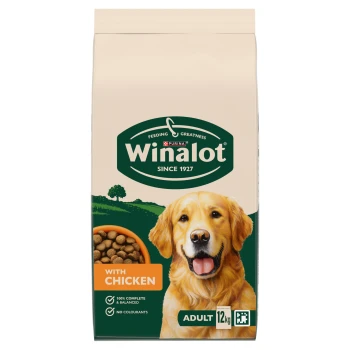Winalot Purina dog food bag with smiling golden retriever, "With Chicken" label and "Adult 12kg".