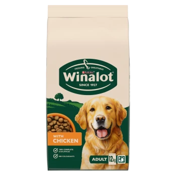 Winalot Purina dog food bag with smiling golden retriever, "With Chicken" label and "Adult 12kg".