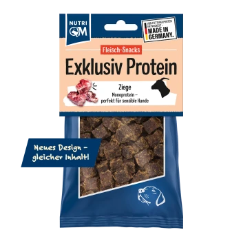 Nutri QM 'Exklusiv Protein' Fleisch-Snacks (Ziege) Hundeleckerli-Beutel, sichtbare braune Würfel, 'Made in Germany'-Label
