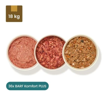Drei Pakete BARF Komfort PLUS Haustierfutter (Rind, Huhn, Lachs) neben drei Schalen mit rohem Haustierfutter, beschriftet mit '36x BARF Komfort PLUS.'