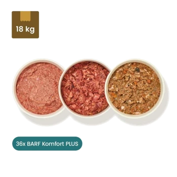 Drei Pakete BARF Komfort PLUS Haustierfutter (Rind, Huhn, Lachs) neben drei Schalen mit rohem Haustierfutter, beschriftet mit '36x BARF Komfort PLUS.'