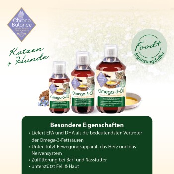 Omega-3-Öl für Katzen und Hunde von Chrono Balance, mit drei Flaschen, die wichtige Vorteile auflisten, einschließlich Unterstützung für Gelenke und Haut.