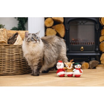 Fluffy gray tabby cat with blue eyes standing near a basket of firewood and three Christmas plush toys on a wooden floor.