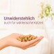 Hand hält braune Pellets Katzenfutter; deutscher Text 'Unwiderstehlich auch für wählerische Katzen'.
