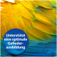 Nahaufnahme von lebhaften gelben und blauen Vogelgefiedern mit einem kreisförmigen Textüberlagerung, die besagt: 'Unterstützt eine optimale Gefieder-ausbildung.'