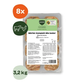 Packung BARFER'S 'Würfel: Komplett‑Mix Junior Rind & Huhn' Mini‑Rohfutter‑Würfel, 8×, Etikett '3,2 kg'.