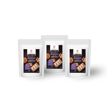 ® Immunsystem Snacks - getreidefrei - 3 x 70 g Drei Tüten mit Haustiersnacks, die mit 'IMUNNISTEM' von der Marke WILDAANG beschriftet sind, mit Bildern der Snacks und Nährwertinformationen.