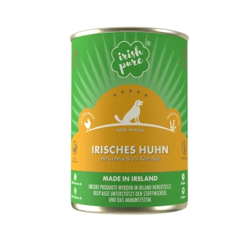 Dosenfutter für Hunde mit der Bezeichnung "Irish Pure" mit Huhn, Gemüse und 2 % Algen, entwickelt für erwachsene Hunde mit Empfindlichkeiten.