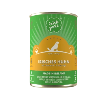 Dosenfutter für Hunde mit der Bezeichnung "Irish Pure" mit Huhn, Gemüse und 2 % Algen, entwickelt für erwachsene Hunde mit Empfindlichkeiten.