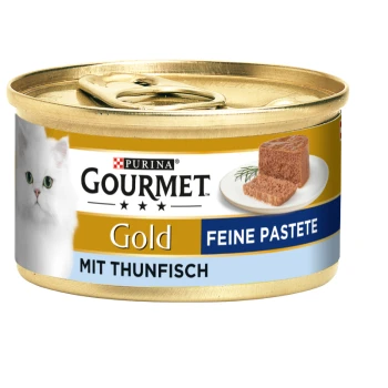Gold Feine Pastete 12x85g Thunfisch Eine Dose Purina Gourmet Gold Katzenfutter mit einer weißen Katze auf dem Etikett, beschriftet mit 'Feine Paste' und 'Mit Thunfisch.'