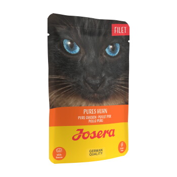 Ein Katzenfutterbeutel mit einer Nahaufnahme des Gesichts einer schwarzen Katze mit auffälligen blauen Augen, beschriftet mit "Josera Pures Huhn" und "Filet" in Rot und Orange.