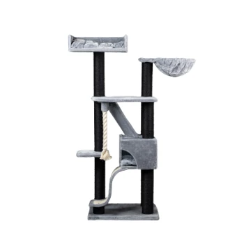 Grauer mehrstöckiger Katzenbaum mit einer gemütlichen oberen Plattform, zwei Plattformen, einem Kratzbaum und einem hängenden Seilspielzeug.