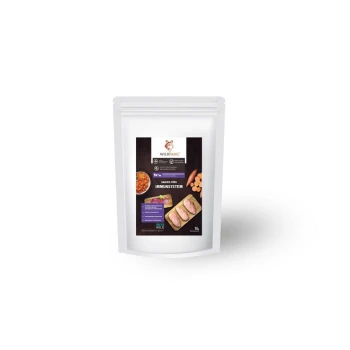 Immunsystem Snacks - getreidefrei - 70 g Ein weißer Beutel mit Haustiersnacks mit der Aufschrift 'WILDPANG', der eine Grafik des Produkts und den Text 'SNACKS FÜR IMMUNSYSTEM' mit Nährwertinformationen zeigt.