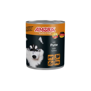 Dose AMORA Hundefutter (Fleisch Pur) mit Husky-Abbildung, beschriftet 'mit Pute / with turkey'.