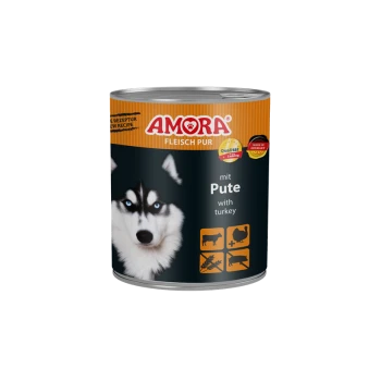 Dose AMORA Hundefutter (Fleisch Pur) mit Husky-Abbildung, beschriftet 'mit Pute / with turkey'.