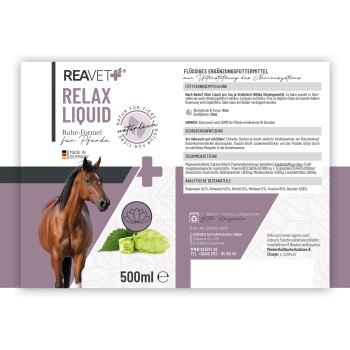 Flaschenetikett für REAVET Relax Liquid, ein natürliches Ergänzungsmittel für Pferde, mit einem braunen Pferd, Zutaten und Anwendungshinweisen.