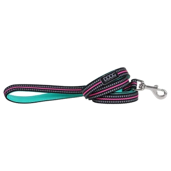 Bunte Hundeleine mit einem schwarzen, rosa und türkisfarbenen Design, einem silbernen Clip und einem DOOG-Logo.
